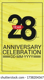 Speed Style 28 year anniversary celebration, minimalist logo, jubilee, red ribbon line design black on yellow background for greeting card. invitation, banner - Vector