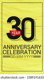 Speed Style 30 years anniversary celebration, minimalist logo, jubilee, red ribbon line design black on yellow background for greeting card. invitation, banner - Vector