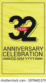 Speed Style 32 year anniversary celebration, minimalist logo, jubilee, red ribbon line design black on yellow background for greeting card. invitation, banner - Vector