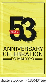 Speed Style 53 year anniversary celebration, minimalist logo, jubilee, red ribbon line design black on yellow background for greeting card. invitation, banner - Vector