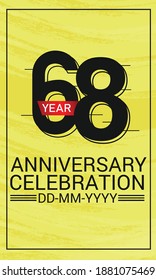 Speed Style 68 year anniversary celebration, minimalist logo, jubilee, red ribbon line design black on yellow background for greeting card. invitation, banner - Vector