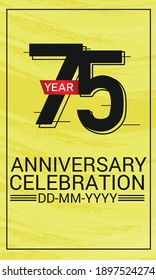 Speed Style 75 year anniversary celebration, minimalist logo, jubilee, red ribbon line design black on yellow background for greeting card. invitation, banner - Vector