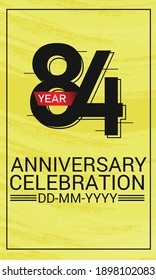 Speed Style 84 year anniversary celebration, minimalist logo, jubilee, red ribbon line design black on yellow background for greeting card. invitation, banner - Vector
