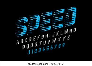 Speed style font, alphabet and numbers, vector illustration