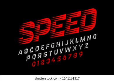 Speed style font, alphabet and numbers, vector illustration