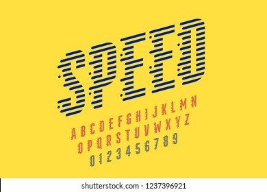 Speed style font, alphabet and numbers, vector illustration