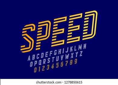 Speed style font, alphabet and numbers, vector illustration