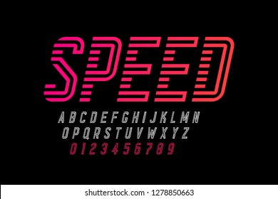 Speed style font, alphabet and numbers, vector illustration