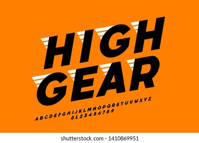 Speed style font, alphabet and numbers, vector illustration