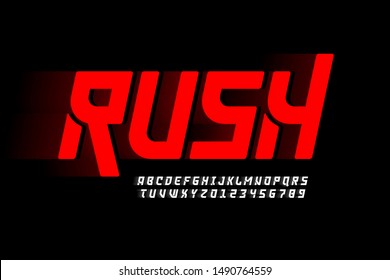 Speed style font design, alphabet and numbers, vector illustration
