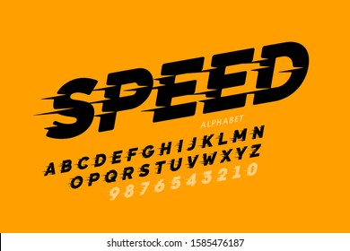 Speed style font design, alphabet and numbers, vector illustration