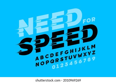 Diseño de tipos de letra de estilo de velocidad, necesidad de alfabeto de velocidad, letras y números ilustraciones vectoriales