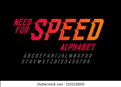 Speed style font, need for speed alphabet letters and numbers vector illustration