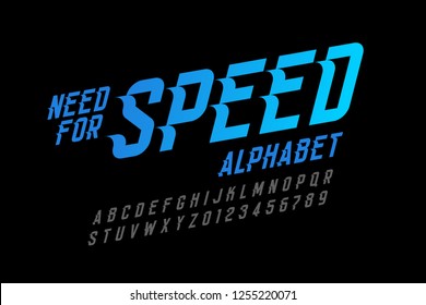 Speed style font, need for speed alphabet letters and numbers vector illustration