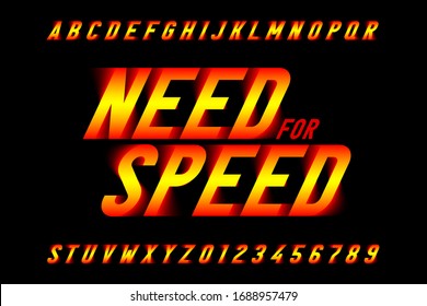 Speed style font, need for speed, capital alphabet letters and numbers vector illustration