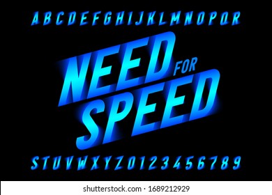 Speed style font, need for speed, capital alphabet letters and numbers vector illustration