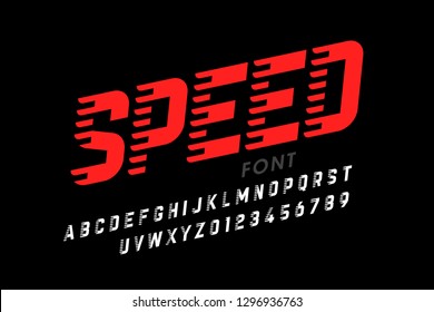 Speed style modern font, alphabet letters and numbers vector illustration
