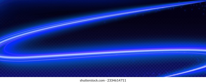 Speed swirl line with neon light effect vector background. Blue abstract energy motion curve with sparkle shine and flare. 3d transparent flying ray vortex trace element design with luminous blur.