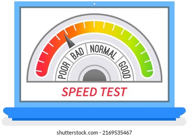 Speed test application, website loading speed optimization with server testing, web programming, mobile app development, and page software. Computer with speedometer, power progress adjusting