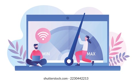 Speed test concept. Man with laptop and woman near scale, assessing speed of Internet and wi fi. Modern technologies and digital world. Poster or banner for website. Cartoon flat vector illustration