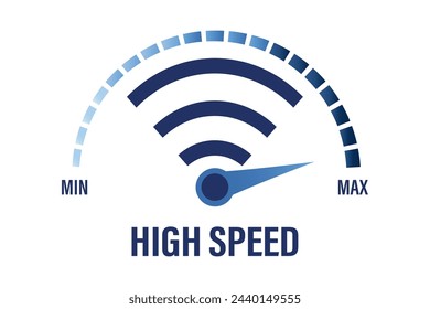 Prueba de velocidad. Internet inalámbrico de alta velocidad. Símbolo Wifi con flecha y texto. Red pública rápida. Escala de medición con flecha. Icono de colores azules de moda aislado sobre fondo blanco. Ilustración de vector