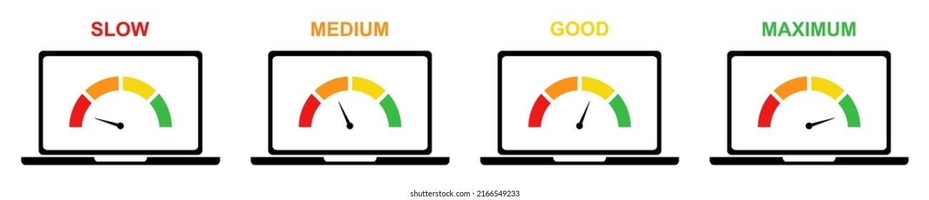 Speed test laptop vector icons set. Indicator from slow to maximum speed. Performance laptop. Speedometer on display.