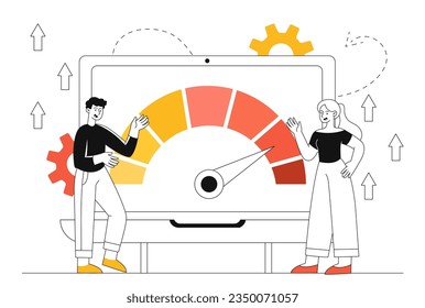 Prueba de velocidad concepto de línea móvil. Hombre y mujer cerca del medidor de los indicadores. Internet y tecnologías modernas en línea. Personas con conexión inalámbrica, 4g y 5g. Ilustración lineal vectorial