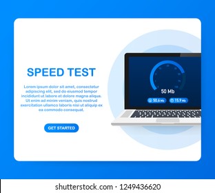Speed test on laptop. Speedometer Internet Speed 100 mb. Website speed loading time. Vector stock illustration.
