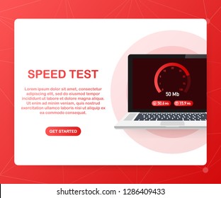 Speed test on laptop. Speedometer Internet Speed 50 mb. Website speed loading time. Vector stock illustration.