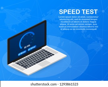 Speed test on laptop. Speedometer Internet Speed 100 mb. Website speed loading time. Vector stock illustration.