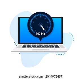 Schnelltest auf dem Notebook. Speedometer Internet-Geschwindigkeit 100 mb. Ladezeit der Website Vektorgrafik.