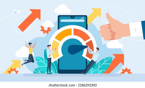 Speed test on the mobile screen. Teamwork success. Website loading optimization. Page speed and SEO. Website speed. Loading time. Page optimization. Speed test metering dial. Vector illustration.