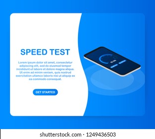  Speed test on smartphone. Speedometer Internet Speed 100 mb. Website speed loading time. Vector stock illustration.