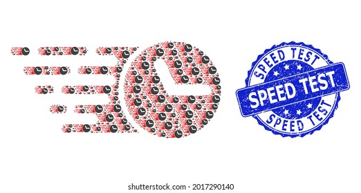 Speed Test scratched round seal and vector recursion collage clock. Blue seal has Speed Test caption inside round shape. Vector collage is constructed from recursive clock icons.
