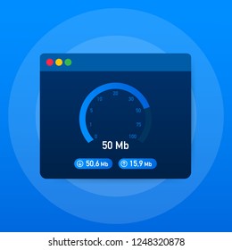 Speed test. Speedometer Internet Speed 100 mb. Website speed loading time. Vector stock illustration.