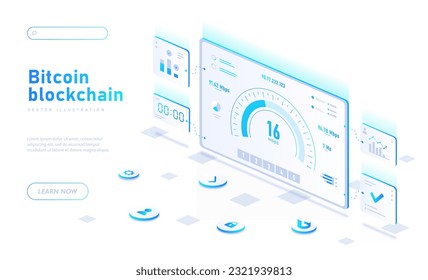 Speed test white banner. Estimation of Internet connection and Wi Fi speed. Cryptocurrency asnd blockchain, bitcoin. Modern technologies and digital world. Isometric vector illustration
