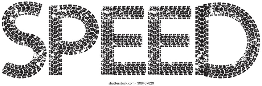 Speed text with the letters made from motorcycle tire tracks, isolated on white