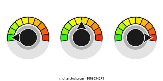 Speed ​​meter. Three positions. Round temperature sensor. Color measuring dial in flat style. Template of a circular barometer or indicator.