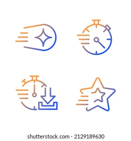 Speed and time gradient linear vector icons set. Shooting star and comet. Stopwatch. Quick download. Thin line contour symbol designs bundle. Isolated outline illustrations collection