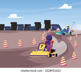 Speed track of competition and hard racing or recreational karting races, flat vector illustration. Background template with karts competing on fast track.