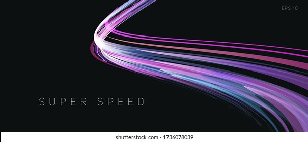 Speed track lights, neon glowing lines abstract composition, gradient purple curve in dark 3d space, wallpaper cover