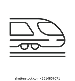 Speed train, in line design. High-speed rail, bullet train, fast train, railway, transportation on white background vector. Speed train editable stroke icon.