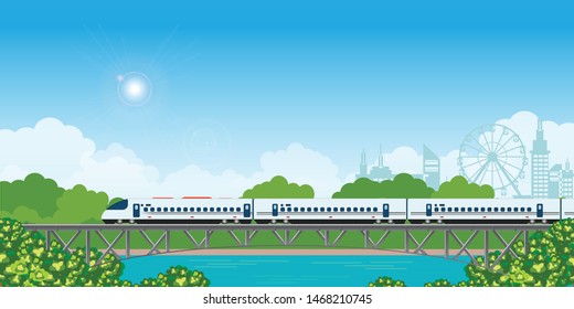 Speed train on railway bridge with forest and city view on background.  travel concept background. travel on summer Vector illustration. 