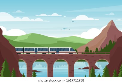 Speed train on stone bridge flat vector illustration. Modern railroad vehicle on scenic background. Beautiful landscape with contemporary public transport, green hills and mountains. Railway travel.