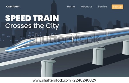 Speed train over city skyscraper view cityscape background skyline flat banner copy space vector illustration