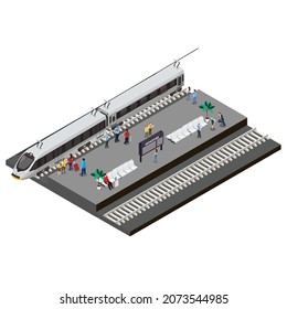 Estación de tren de velocidad 3d concepto de ilustración vectorial isométrica para banner, sitio web, página de aterrizaje, anuncios, plantilla de volante