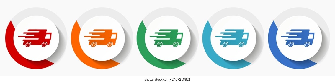 Schneller Transport, schnelle Lieferung, LKW-Vektorsymbol-Set, flache Symbole für Logo-Design, Webdesign und mobile Anwendungen, bunten runde Tasten