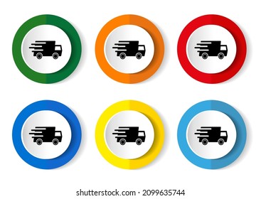 Speed transport icon set, fast delivery, truck flat design vector illustration in 6 colors options for webdesign and mobile applications.