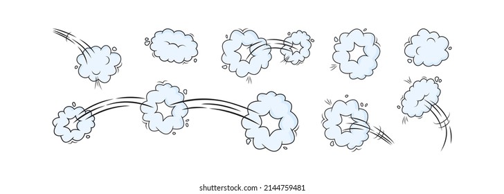 Speed Vector Blue Clouds. Catroon Motion Puff Effect Explosion Bubbles, Jumps With Smoke Or Dust. Fun Illustration