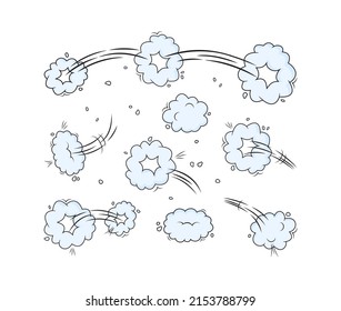 Speed vector blue clouds. Motion puff effect explosion bubble set, jumps with smoke or dust. Cartoon illustration